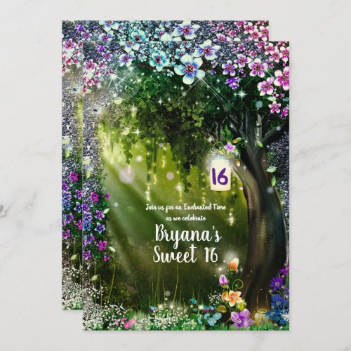 Fantasy Woodland Enchanted Forest Flowers Sweet 16 Invitation