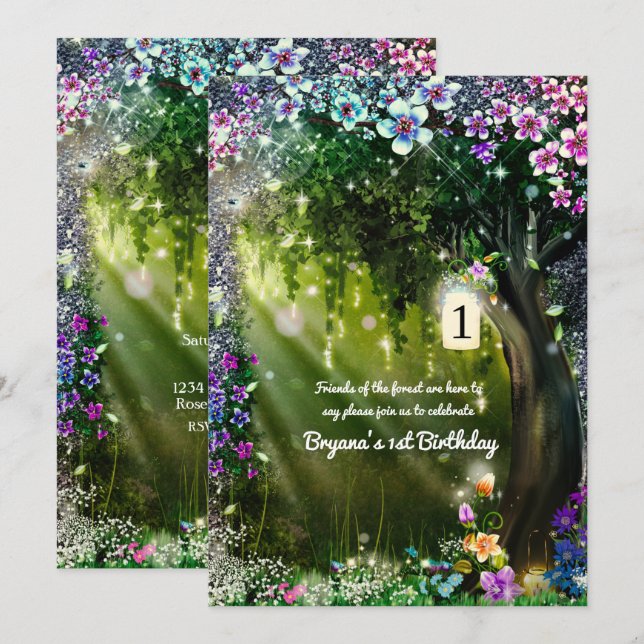Fantasy Woodland Enchanted Glow Forest Flowers  Invitation (Front/Back)