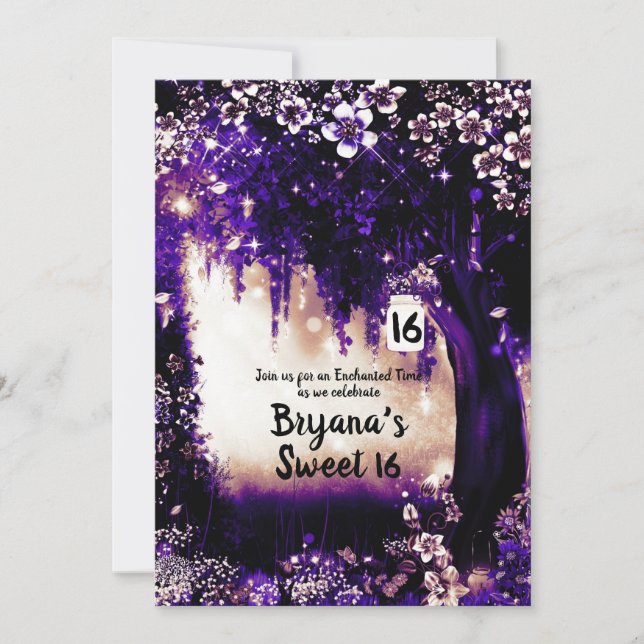 Fantasy Woodland Enchanted Purple Forest Sweet 16 Invitation (Front)