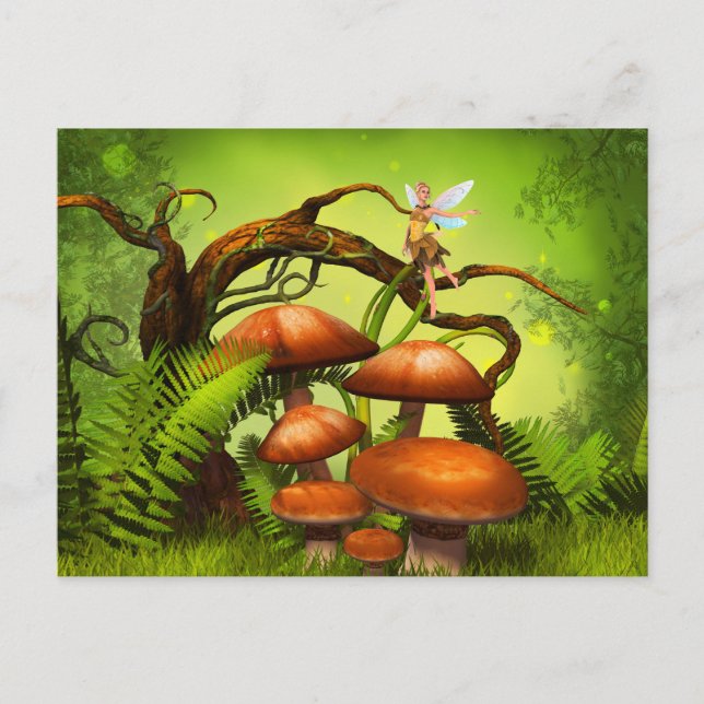 Fantasy World Forest, Large Mushrooms and Fairy Postcard (Front)