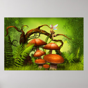 Fantasy World Forest, Large Mushrooms and Fairy  Poster