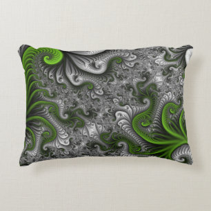 Fantasy World Green And Gray Abstract Fractal Art Accent Pillow