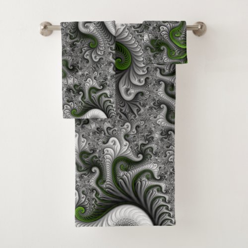 Fantasy World Green And Gray Abstract Fractal Art Bath Towel Set