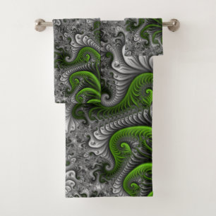 Fantasy World Green And Gray Abstract Fractal Art Bath Towel Set