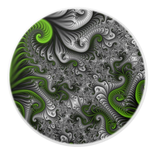 Fantasy World Green And Gray Abstract Fractal Art Ceramic Knob (Front)