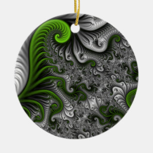 Fantasy World Green And Gray Abstract Fractal Art Ceramic Ornament