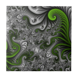 Fantasy World Green And Gray Abstract Fractal Art Ceramic Tile