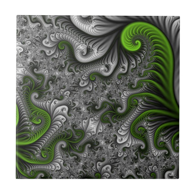 Fantasy World Green And Gray Abstract Fractal Art Ceramic Tile (Front)