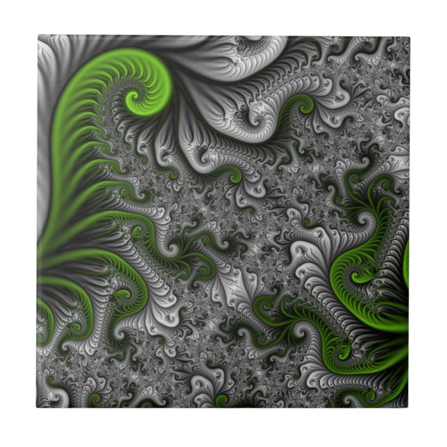 Fantasy World Green And Gray Abstract Fractal Art Ceramic Tile (Front)