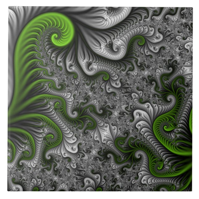 Fantasy World Green And Gray Abstract Fractal Art Ceramic Tile (Front)