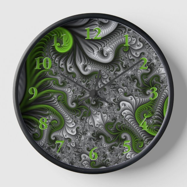Fantasy World Green And Gray Abstract Fractal Art Clock (Front)