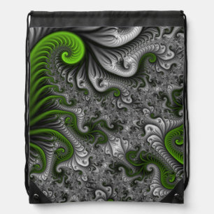 Fantasy World Green And Gray Abstract Fractal Art Drawstring Bag
