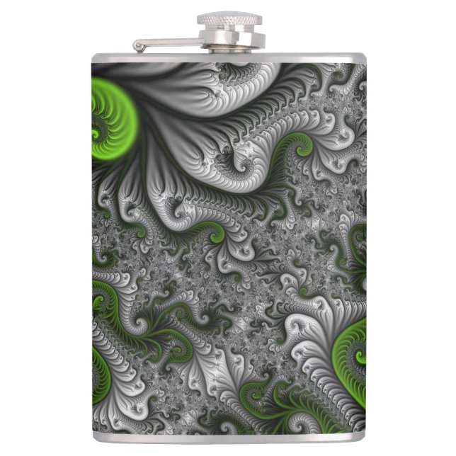 Fantasy World Green And Gray Abstract Fractal Art Flask (Front)