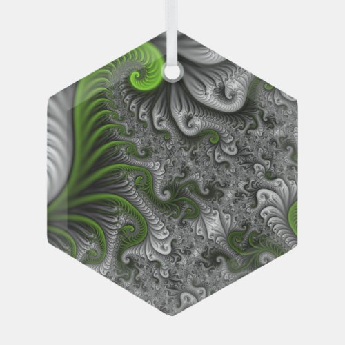 Fantasy World Green And Gray Abstract Fractal Art Glass Ornament