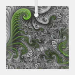 Fantasy World Green And Gray Abstract Fractal Art Glass Ornament