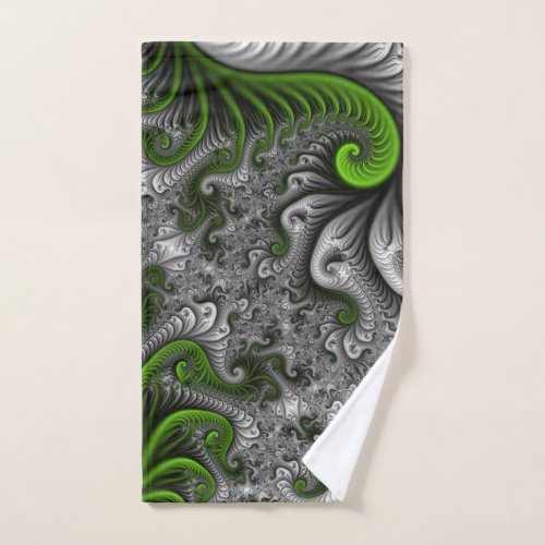Fantasy World Green And Gray Abstract Fractal Art Hand Towel