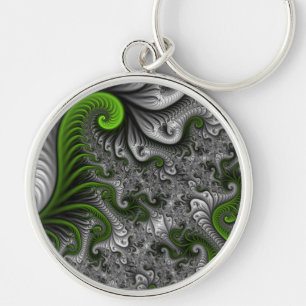 Fantasy World Green And Gray Abstract Fractal Art Keychain