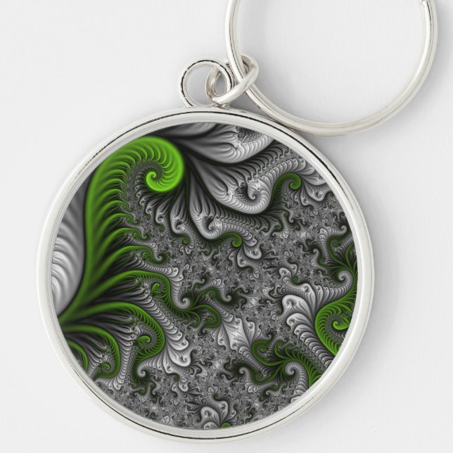 Fantasy World Green And Gray Abstract Fractal Art Keychain (Front)