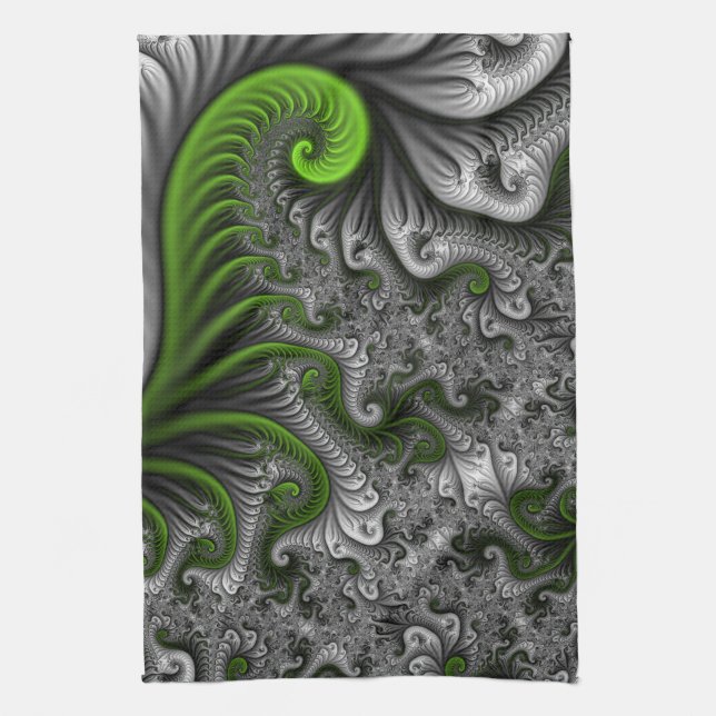 Fantasy World Green And Gray Abstract Fractal Art Kitchen Towel (Vertical)