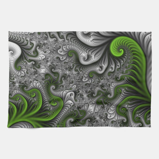 Fantasy World Green And Gray Abstract Fractal Art Kitchen Towel (Horizontal)