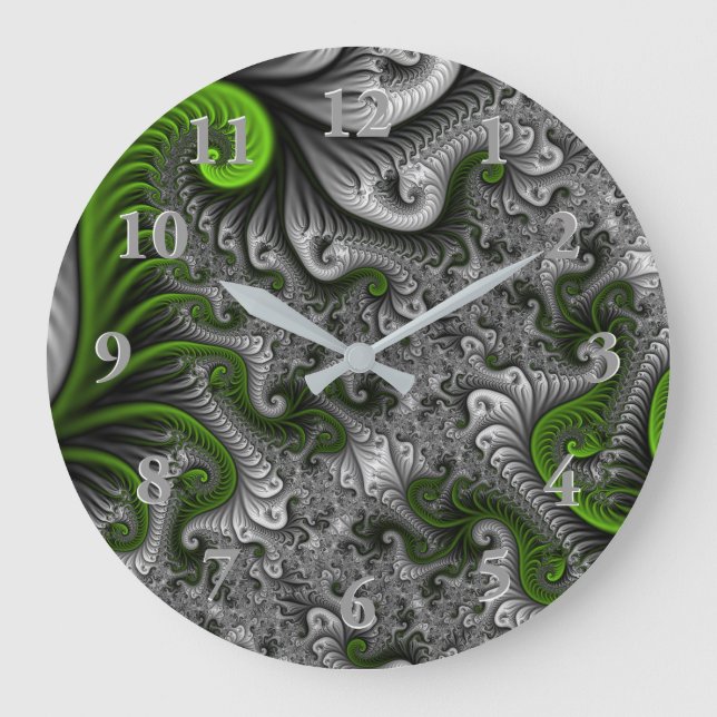 Fantasy World Green And Gray Abstract Fractal Art Large Clock (Front)