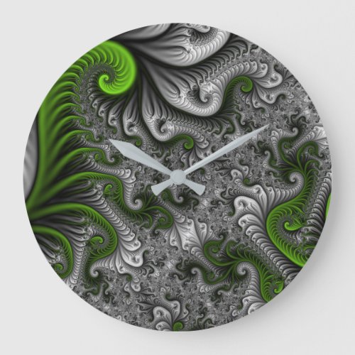 Fantasy World Green And Gray Abstract Fractal Art Large Clock