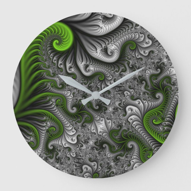 Fantasy World Green And Gray Abstract Fractal Art Large Clock (Front)