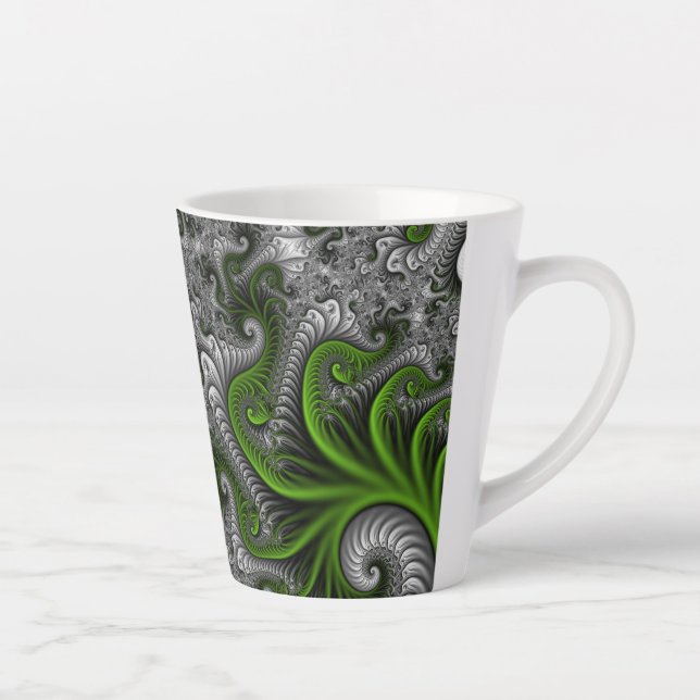 Fantasy World Green And Gray Abstract Fractal Art Latte Mug (Right)