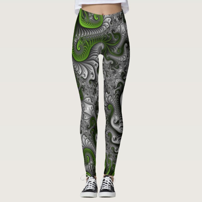 Fantasy World Green And Gray Abstract Fractal Art Leggings (Front)