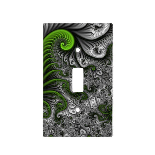 Fantasy World Green And Gray Abstract Fractal Art Light Switch Cover (Front)