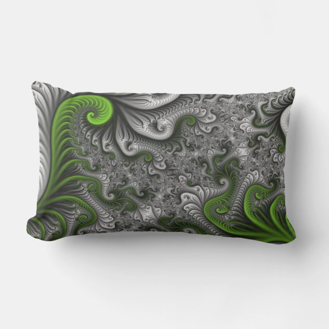 Fantasy World Green And Gray Abstract Fractal Art Lumbar Pillow (Front)