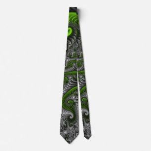 Fantasy World Green And Gray Abstract Fractal Art Neck Tie