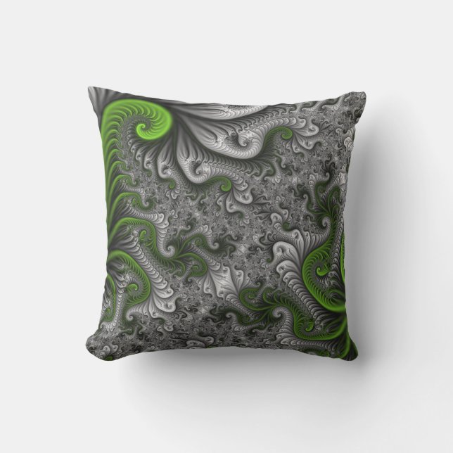 Fantasy World Green And Gray Abstract Fractal Art Outdoor Pillow (Front)