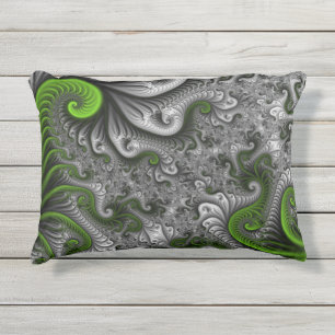 Fantasy World Green And Gray Abstract Fractal Art Outdoor Pillow