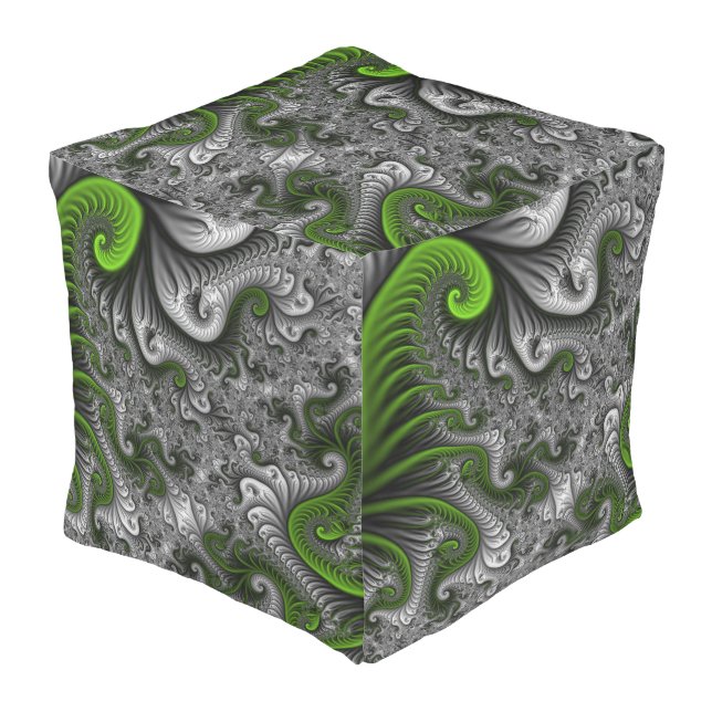 Fantasy World Green And Gray Abstract Fractal Art Outdoor Pouf (Angled Front)