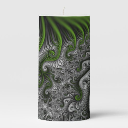Fantasy World Green And Gray Abstract Fractal Art Pillar Candle