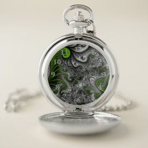 Fantasy World Green And Gray Abstract Fractal Art Pocket Watch
