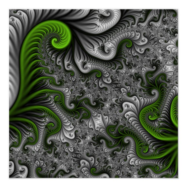 Fantasy World Green And Gray Abstract Fractal Art Poster (Front)