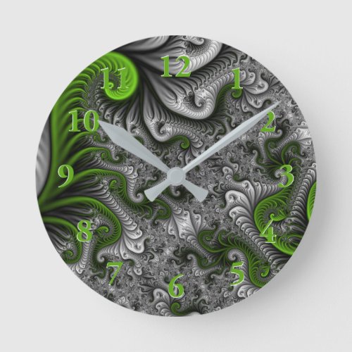 Fantasy World Green And Gray Abstract Fractal Art Round Clock