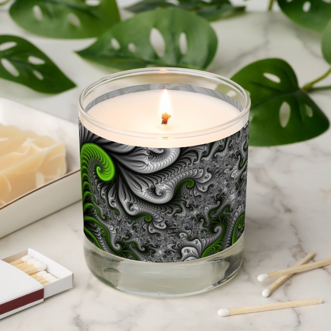Fantasy World Green And Gray Abstract Fractal Art Scented Candle (Lit)