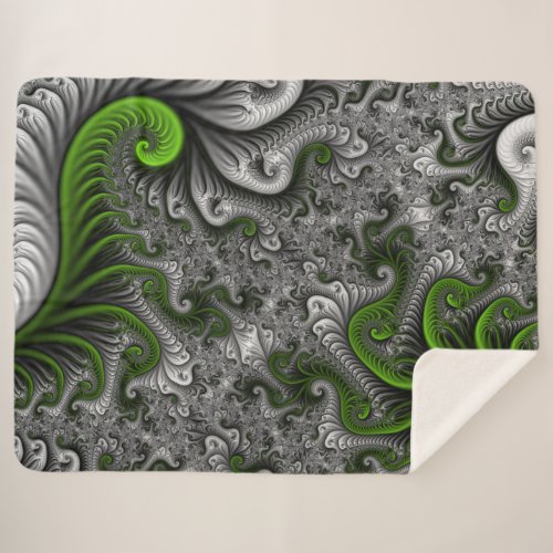 Fantasy World Green And Gray Abstract Fractal Art Sherpa Blanket