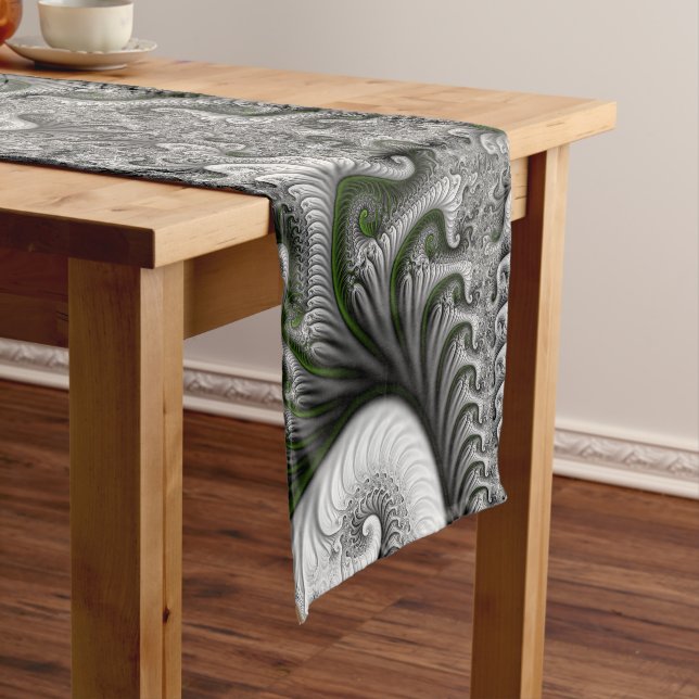 Fantasy World Green And Gray Abstract Fractal Art Short Table Runner (In Situ)