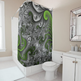 Fantasy World Green And Gray Abstract Fractal Art Shower Curtain