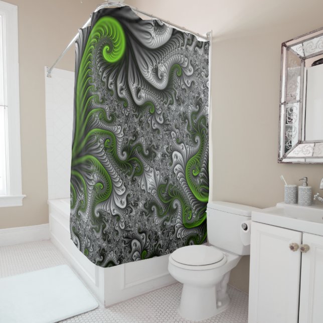 Fantasy World Green And Gray Abstract Fractal Art Shower Curtain (In Situ)