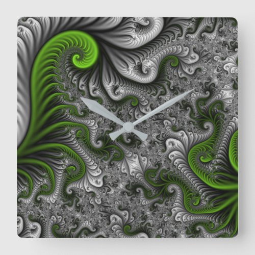 Fantasy World Green And Gray Abstract Fractal Art Square Wall Clock