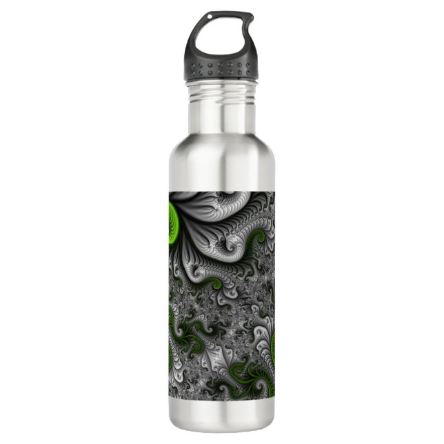 Fantasy World Green And Gray Abstract Fractal Art Stainless Steel Water Bottle (Front)