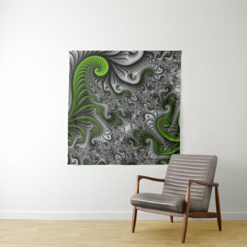 Fantasy World Green And Gray Abstract Fractal Art Tapestry