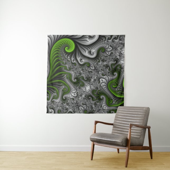 Fantasy World Green And Gray Abstract Fractal Art Tapestry (In Situ)