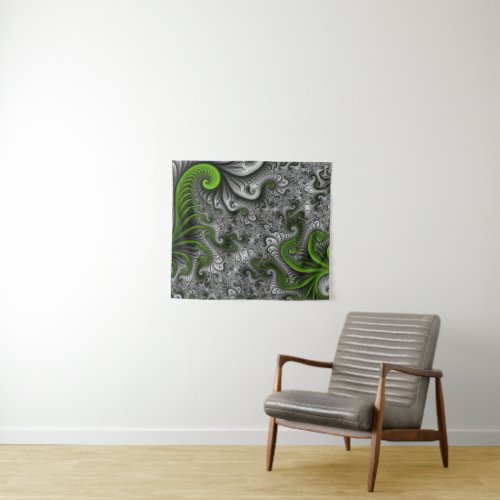 Fantasy World Green And Gray Abstract Fractal Art Tapestry