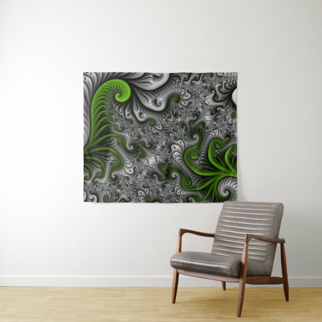 Fantasy World Green And Gray Abstract Fractal Art Tapestry (In Situ (Horizontal))